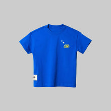 Load image into Gallery viewer, Blue t-shirt with a yellow logo on a white background