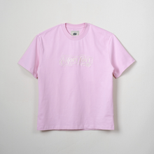 Load image into Gallery viewer, A light pink short-sleeve crewneck t-shirt with a subtle white 'HOPE LOVE' graphic printed across the chest, displayed flat against a light gray background.