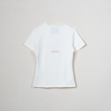 Load image into Gallery viewer, A white short-sleeve crewneck t-shirt with a small pink script logo on the center chest, displayed flat against a light beige background.
