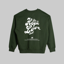 Load image into Gallery viewer, Green sweatshirt with 'Hopi Love Club' text on a light gray background
