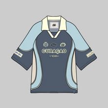 Load image into Gallery viewer, A stylized illustration of a short-sleeve rugby jersey on a plain white background. The jersey is dark blue with light blue sleeves, cream collar and side panels, and cream trim.
