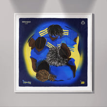 Load image into Gallery viewer, A framed art print featuring a stylized illustration of a football player in a blue uniform with yellow stripes, set against a dark blue and yellow circular background, hanging on a light gray wall under spotlighting.

